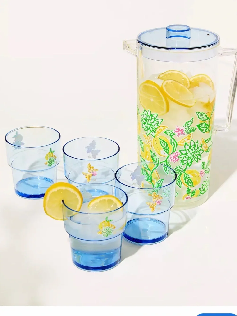 Lilly Pulitzer Blue and Yellow Floral Acrylic Pitcher with Tumblers